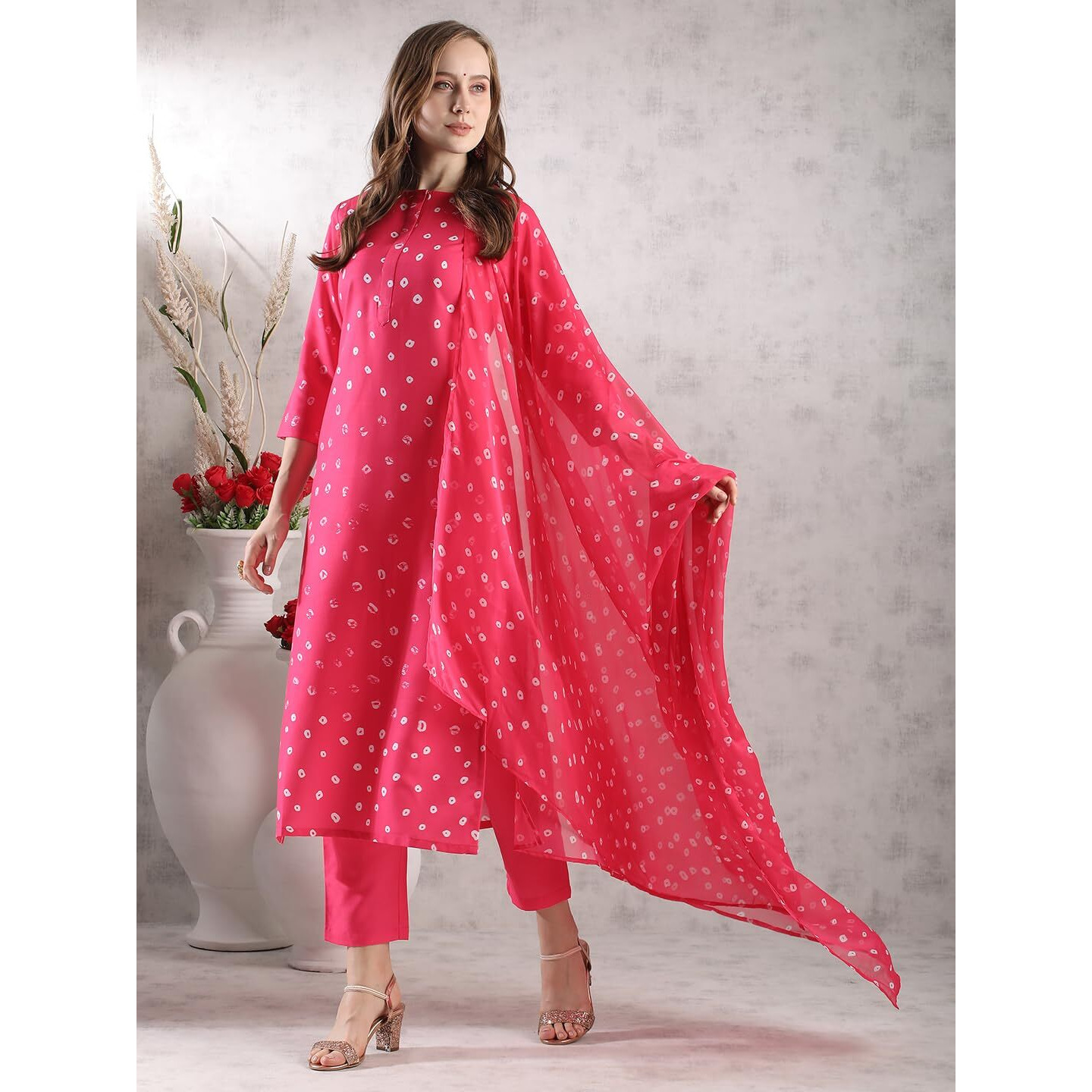 Gosriki Women's Rayon Blend Straight Printed Kurta With Pant & Dupatta (Stree Pink-Vks02-Gs_S_Pink_Small)