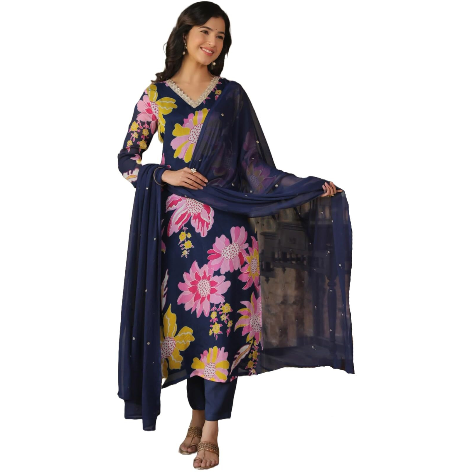 Gosriki Women's Cotton Blend Straight Printed Kurta With Pant & Dupatta (Mahito Navy Blue-Gs_S_Blue_Small)