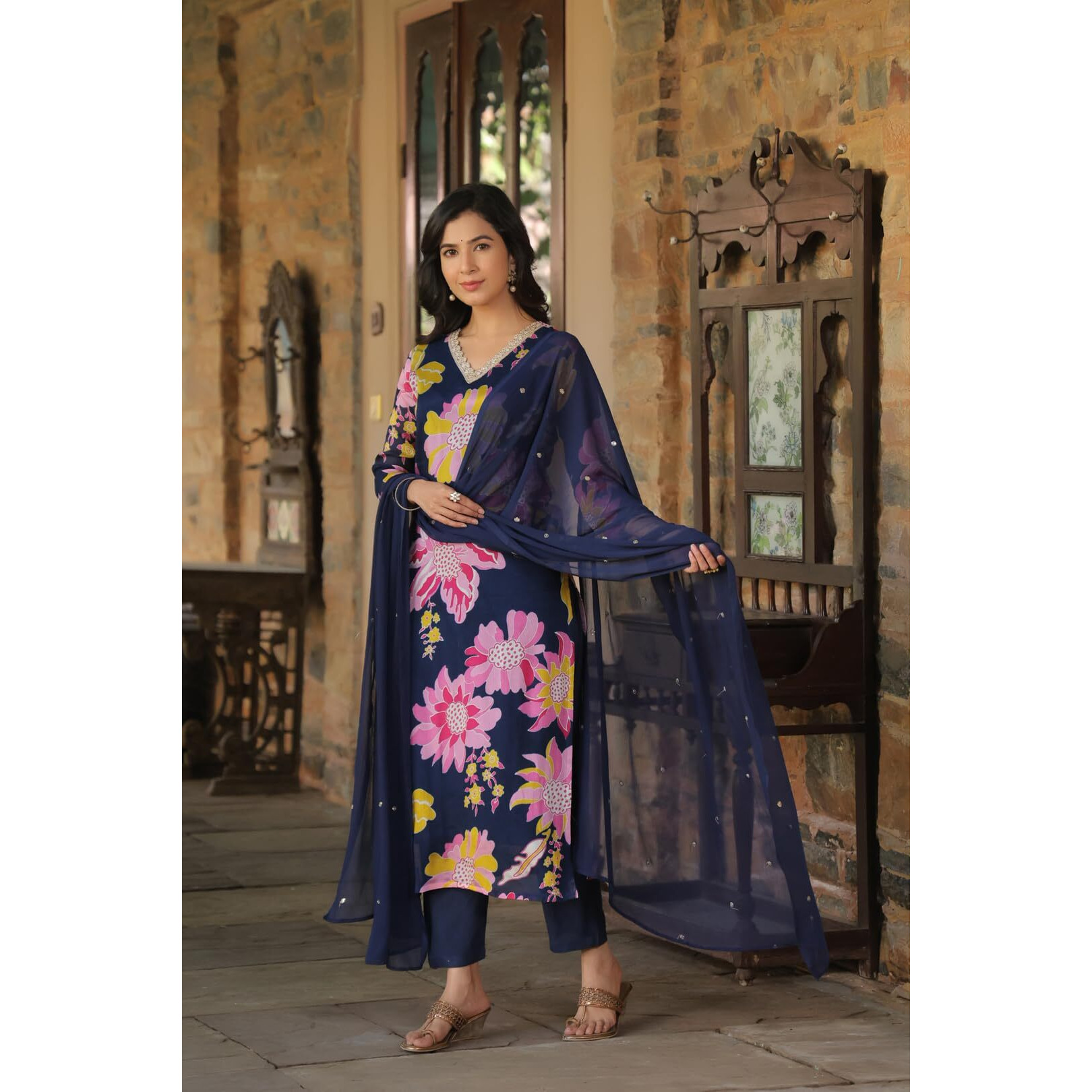 Gosriki Women's Cotton Blend Straight Printed Kurta With Pant & Dupatta (Mahito Navy Blue-Gs_S_Blue_Small)
