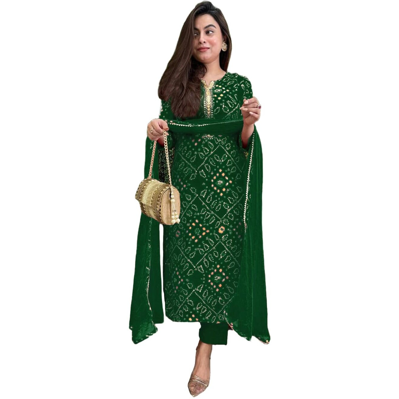 Gosriki Women's Rayon Blend Straight Printed Kurta With Pant & Dupatta (Turae Green-Vks01-Gs_Xl_Green_X-Large)