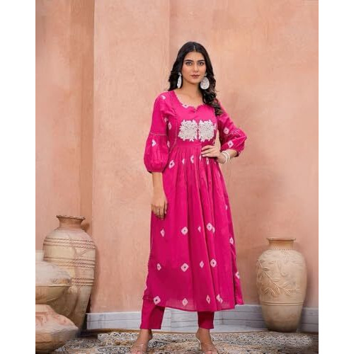 Gosriki Women's Rayon Blend Anarkali Printed Kurta With Pant (Anveshi Pink-Vks03-Gs_Xl_Pink_X-Large)