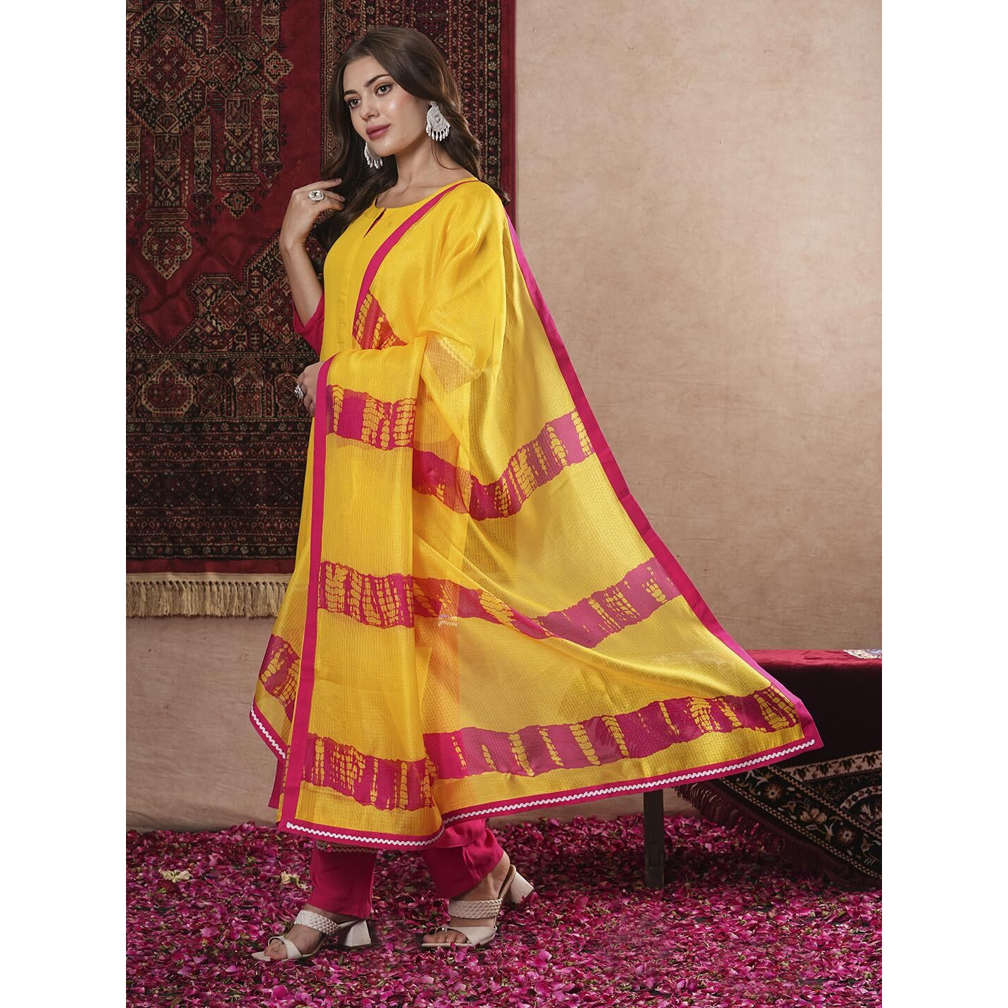 Gosriki Women's Cotton Blend Straight Solid Kurta With Pant & Dupatta (Panai Yellow-Gs_Xl_Yellow_X-Large)