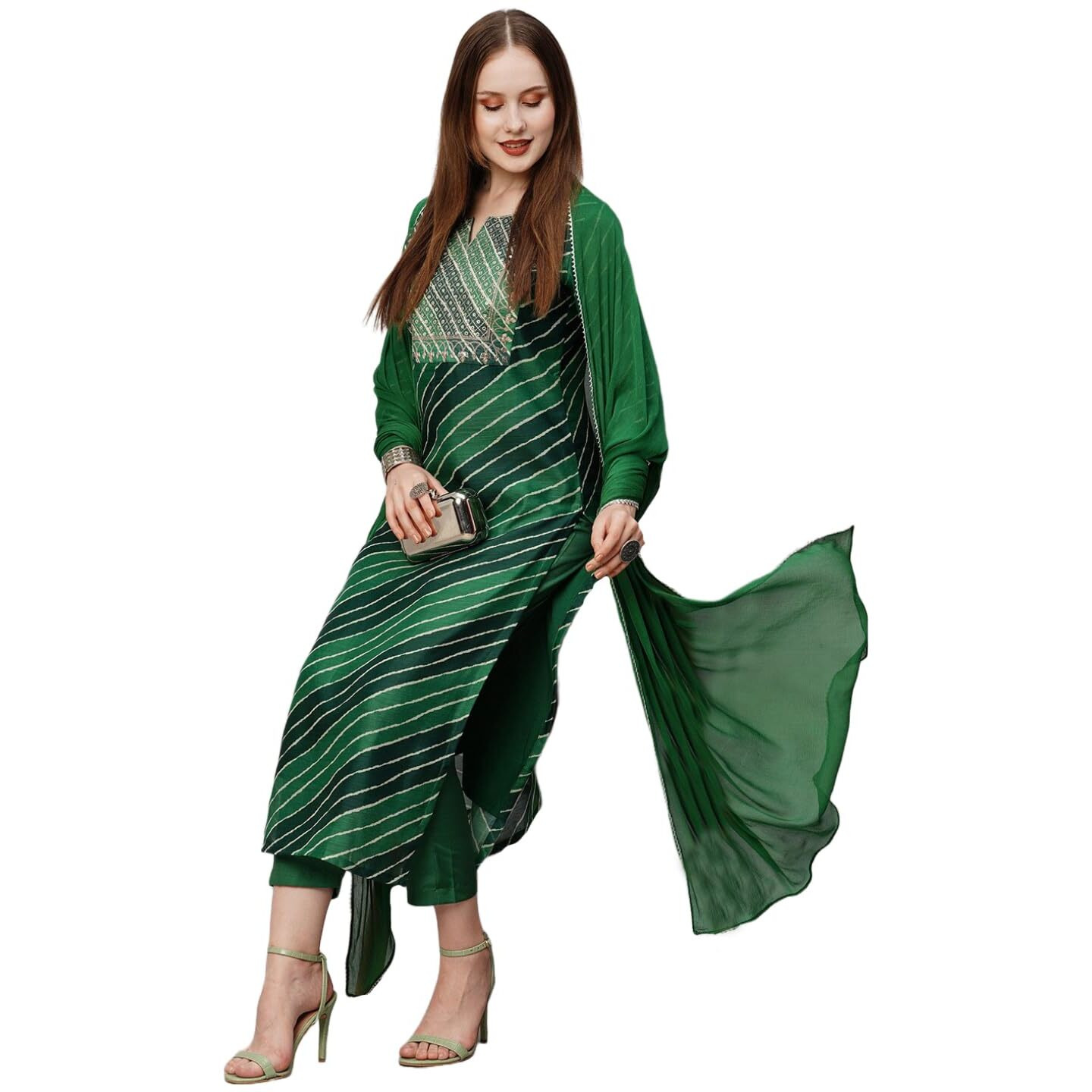 Gosriki Women's Georgette Printed Straight Embroidered Kurta With Pant & Dupatta (Rupkla Mehandi-Nw-Gs_Xxl_Green_Xx-Large)