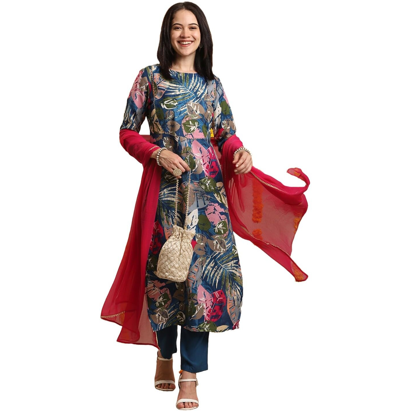 Gosriki Women's Rayon Blend Straight Printed Kurta With Pant & Dupatta (Kulkarni Cerosin-Vks01-Gs_L_Blue_Large)