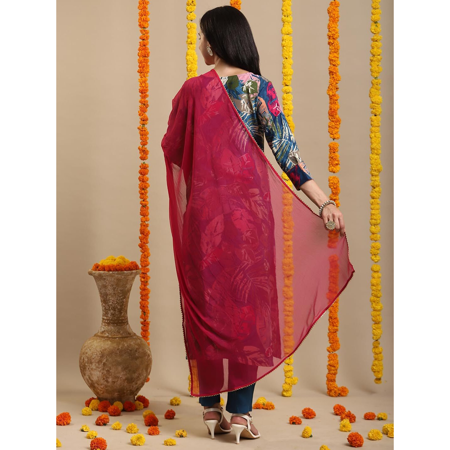 Gosriki Women's Rayon Blend Straight Printed Kurta With Pant & Dupatta (Kulkarni Cerosin-Vks01-Gs_L_Blue_Large)