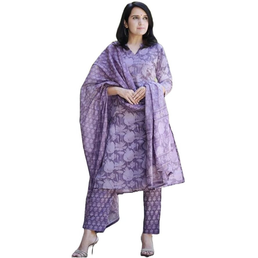 Gosriki Women's Cotton Blend Straight Printed Kurta With Pant & Dupatta (Harana Blue-Gs_M_Blue_Medium)