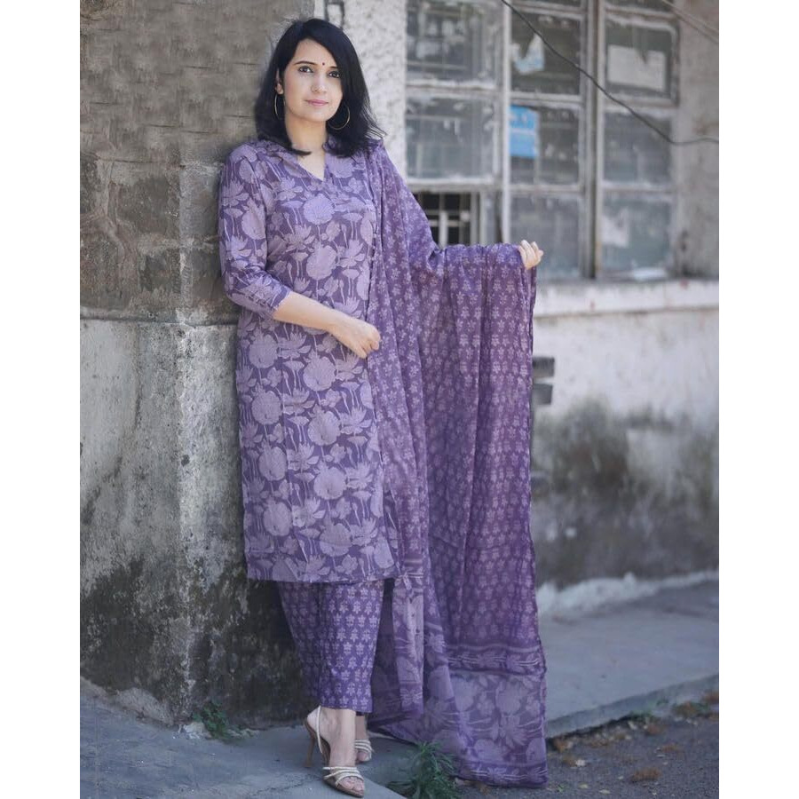 Gosriki Women's Cotton Blend Straight Printed Kurta With Pant & Dupatta (Harana Blue-Gs_M_Blue_Medium)