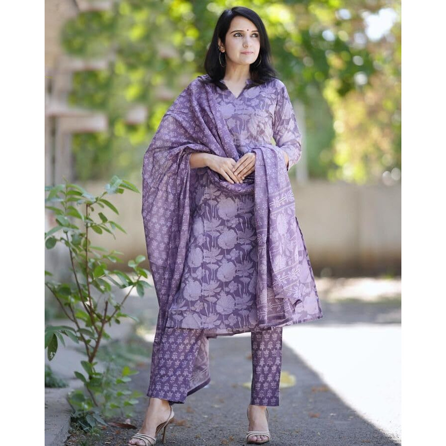 Gosriki Women's Cotton Blend Straight Printed Kurta With Pant & Dupatta (Harana Blue-Gs_M_Blue_Medium)