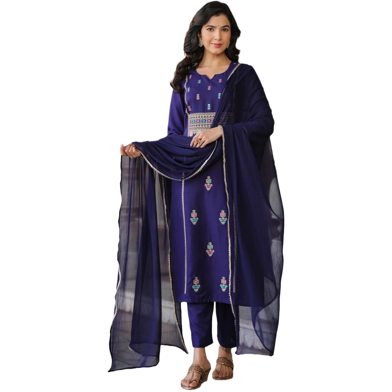 Gosriki Women's Cotton Blend Embroidered Straight Kurta With Pant & Dupatta (Nepoli Begani-Nw-Gs_L_Violet_Large)