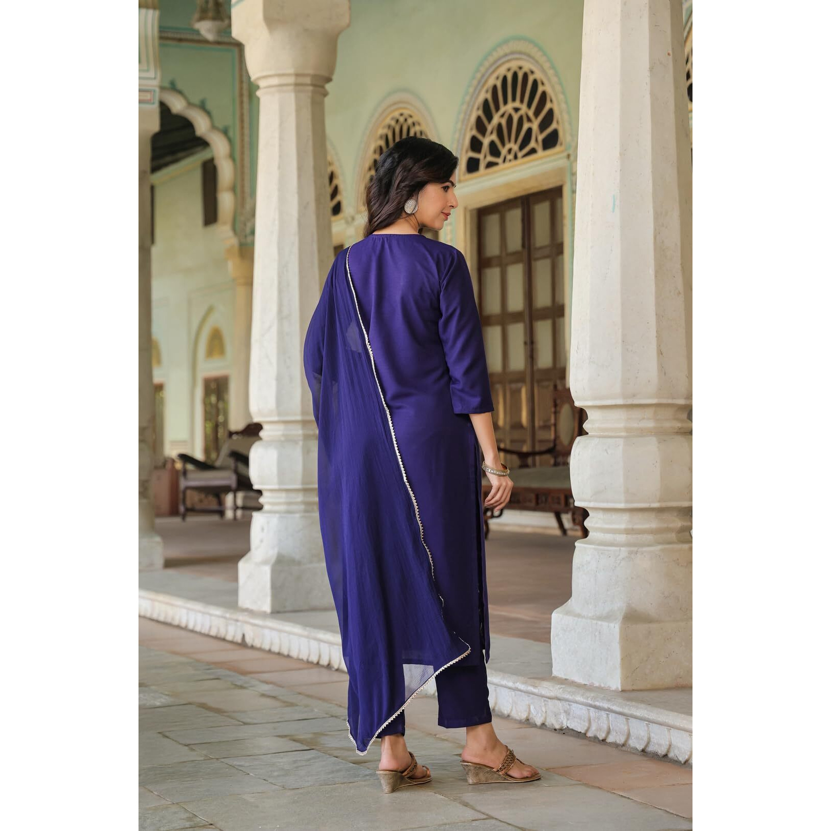 Gosriki Women's Cotton Blend Embroidered Straight Kurta With Pant & Dupatta (Nepoli Begani-Nw-Gs_L_Violet_Large)