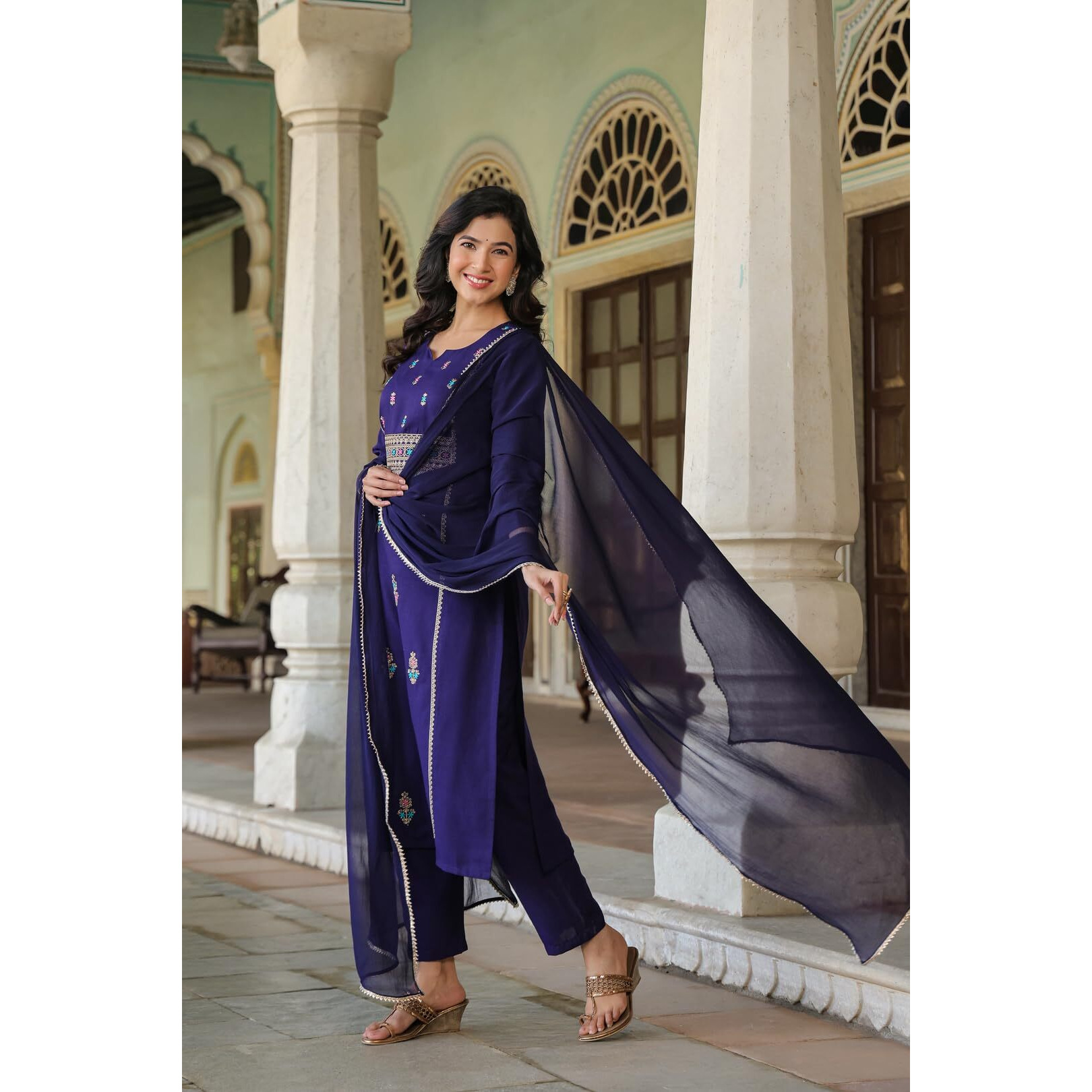 Gosriki Women's Cotton Blend Embroidered Straight Kurta With Pant & Dupatta (Nepoli Begani-Nw-Gs_L_Violet_Large)