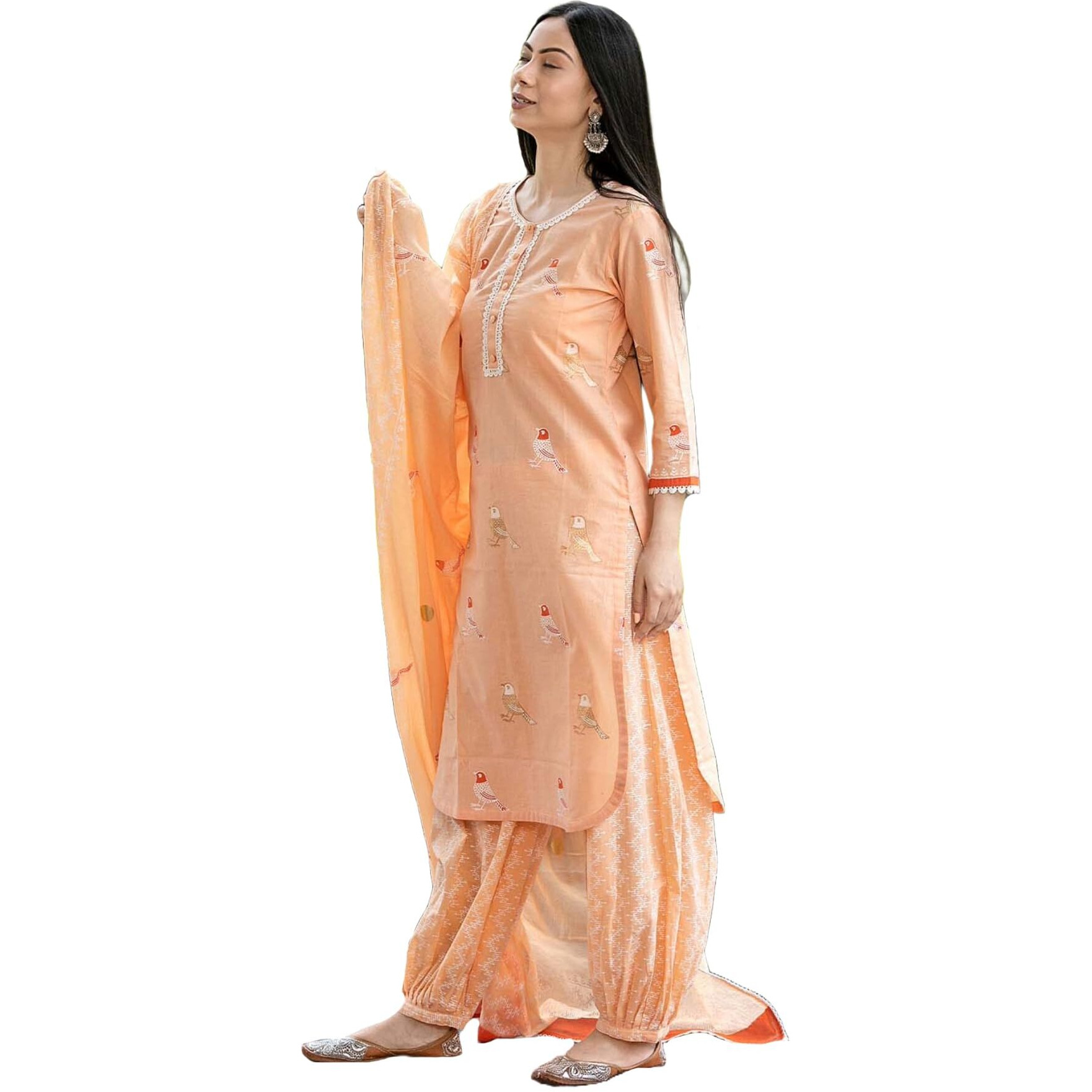 Gosriki Women's Cotton Blend Straight Hand Block Printed Kurta With Pant & Dupatta (Ragsri Peach-Vks01-Gs_L_Peach_Large)