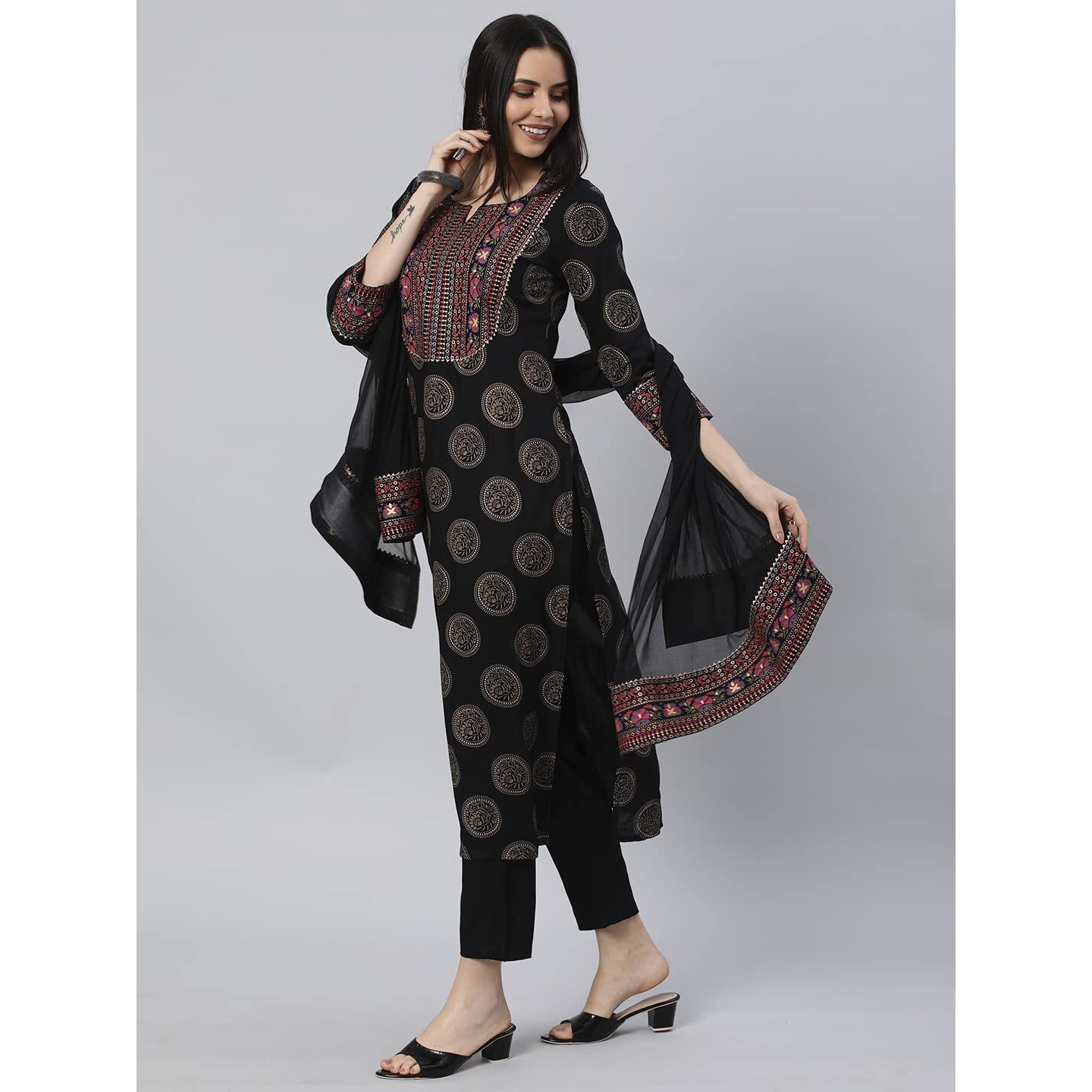 Gosriki Women's Cotton Blend Printed Straight Kurta With Pant & Dupatta (Nov-Black-Nw-Gs_Xxl_Black_Xx-Large)