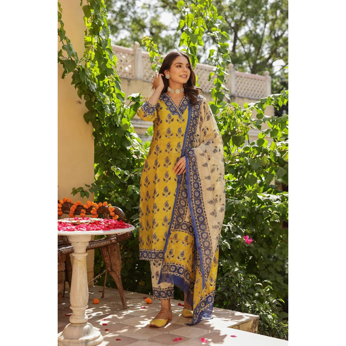 Gosriki Women's Rayon Blend Straight Printed Kurta With Pant & Dupatta (Uchiha Mustard-Vks04-Gs_S_Mustard_Small)