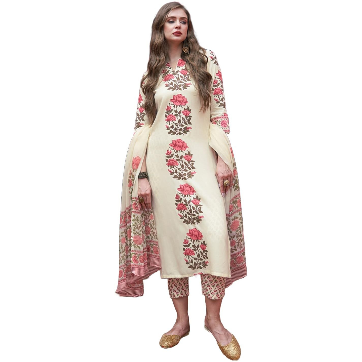 Gosriki Women's Rayon Blend Straight Printed Kurta With Pant & Dupatta (Actual-Cream-Nre-Gs_S_Cream_Small)