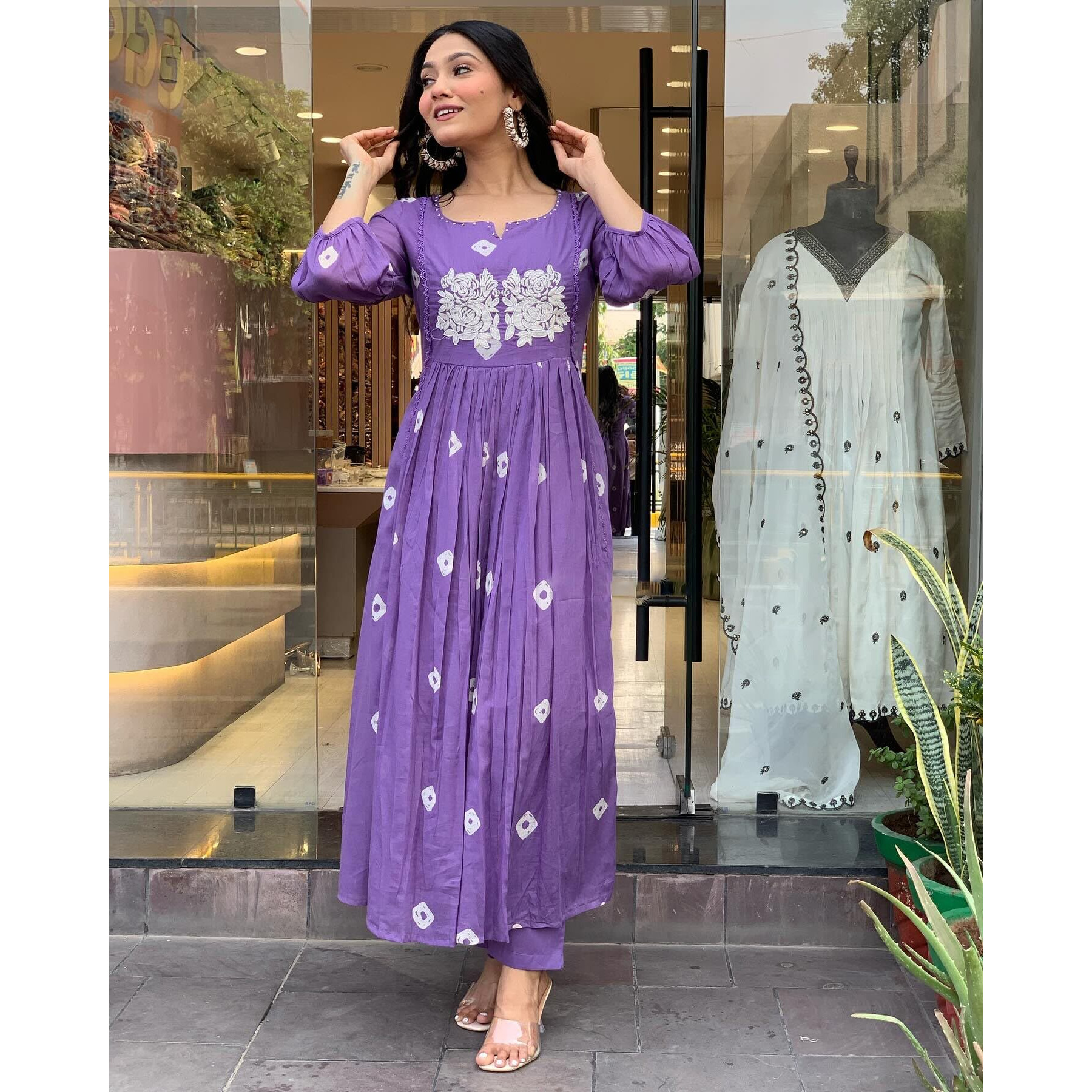 Gosriki Women's Rayon Blend Anarkali Printed Kurta With Pant (Anveshi Purple-Vks07-Gs_L_Purple_Large)