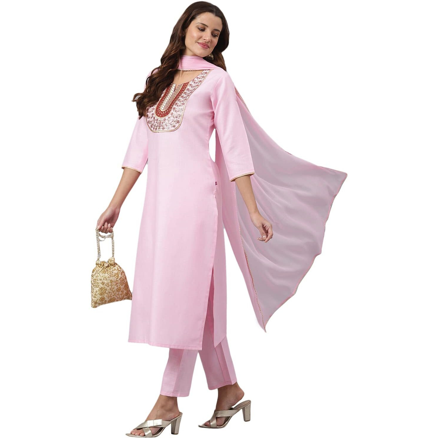 Gosriki Women's Cotton Blend Straight Solid Kurta With Pant & Dupatta (Ramaneey Pink_L-Go_Pink_Large)