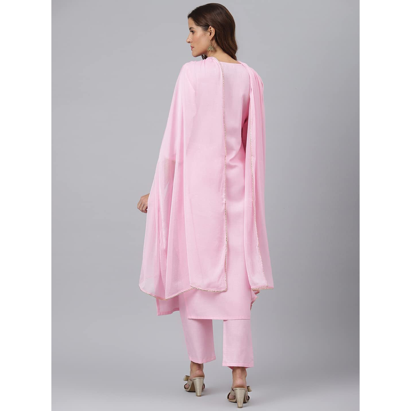 Gosriki Women's Cotton Blend Straight Solid Kurta With Pant & Dupatta (Ramaneey Pink_L-Go_Pink_Large)