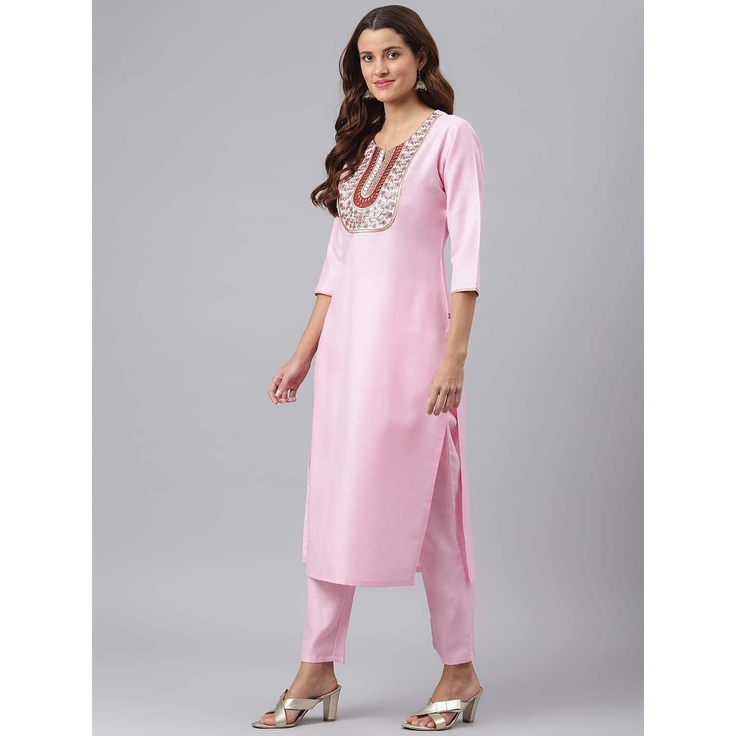 Gosriki Women's Cotton Blend Straight Solid Kurta With Pant & Dupatta (Ramaneey Pink_L-Go_Pink_Large)