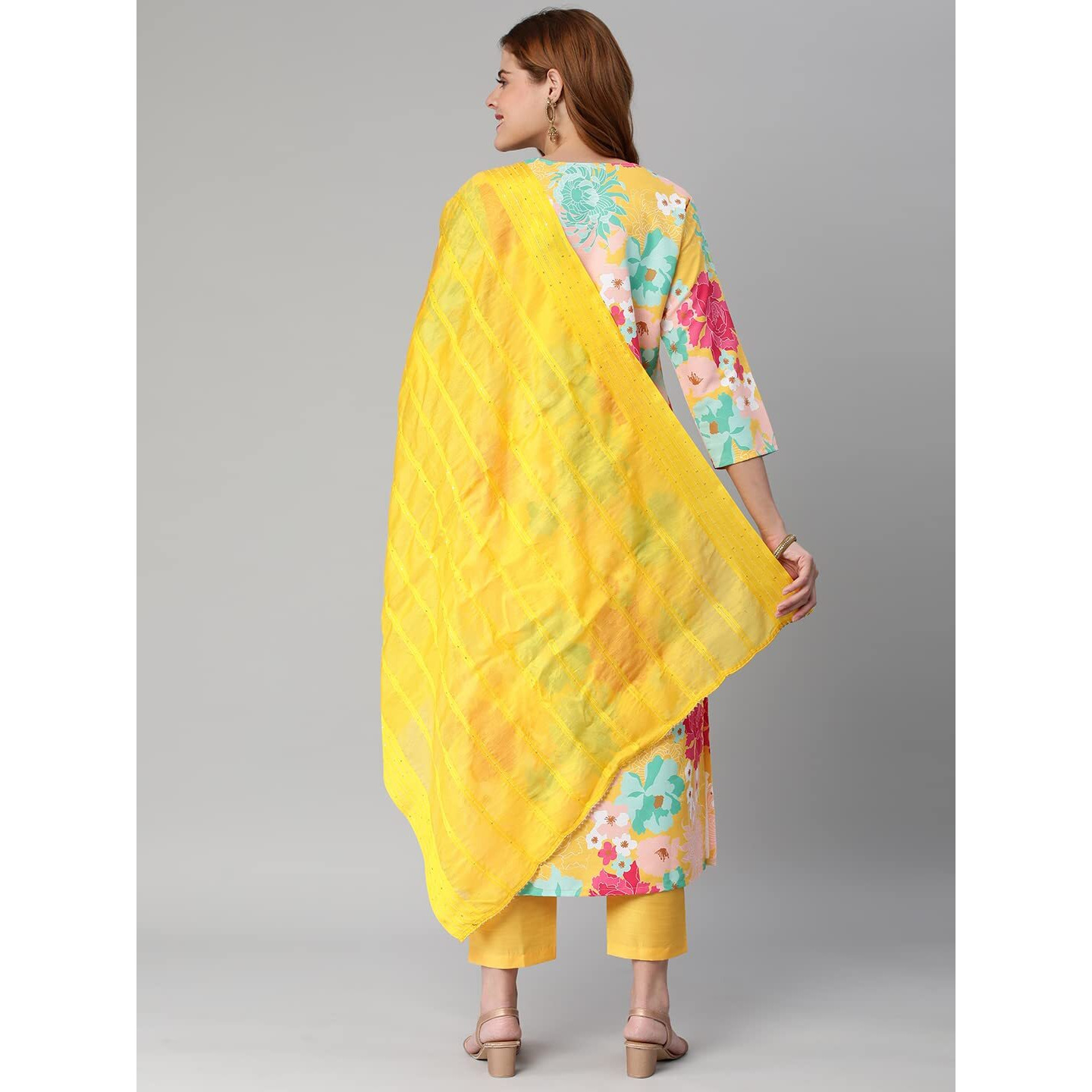 Gosriki Women's Cotton Blend Embroidered Floral Printed Straight Kurta With Pant & Dupatta (Litup-Yellow-Nw2-Gs_S_Yellow_Small)