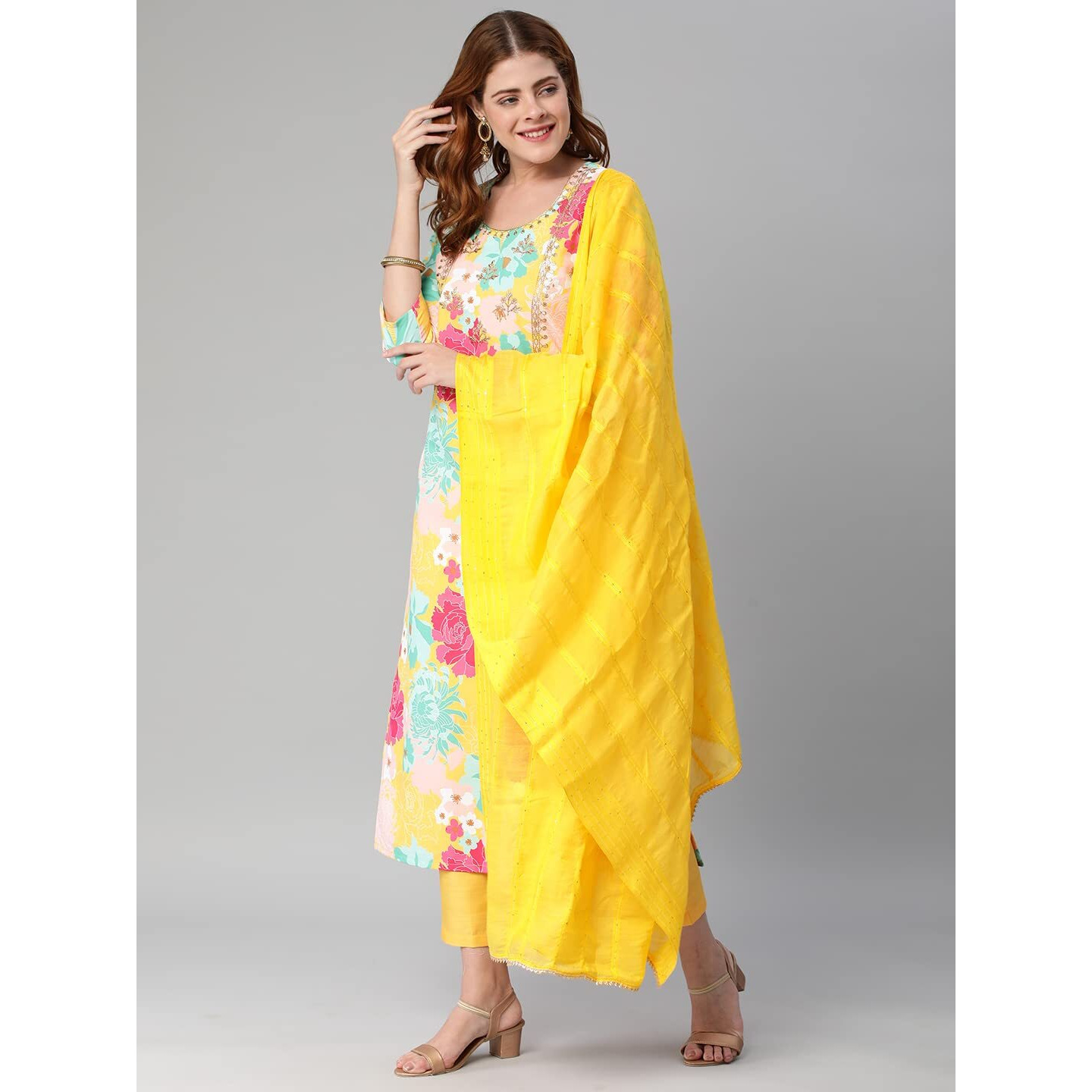 Gosriki Women's Cotton Blend Embroidered Floral Printed Straight Kurta With Pant & Dupatta (Litup-Yellow-Nw2-Gs_S_Yellow_Small)