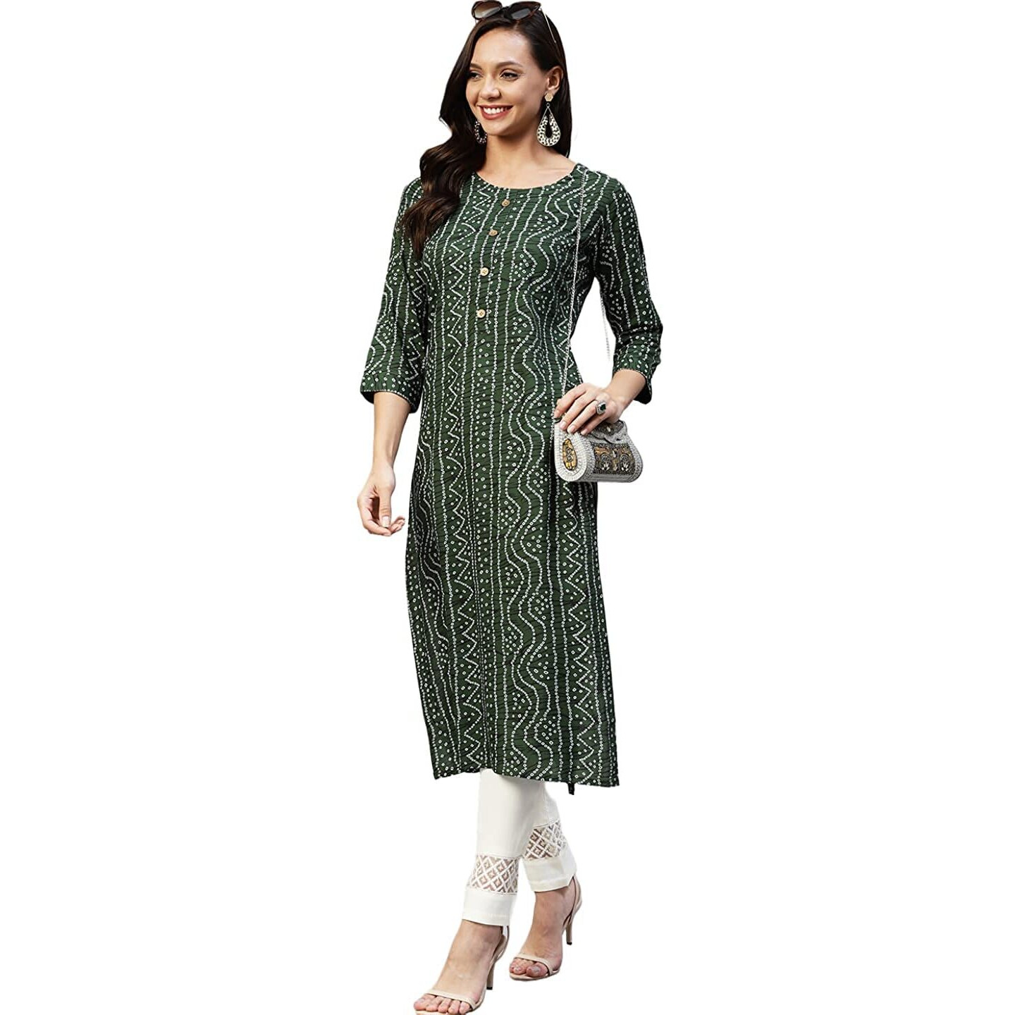 Gosriki Women's Rayon Bandhni Printed Straight Kurta (Dmd Bandhi Dark Green_S-Go_Dark Green_Small)