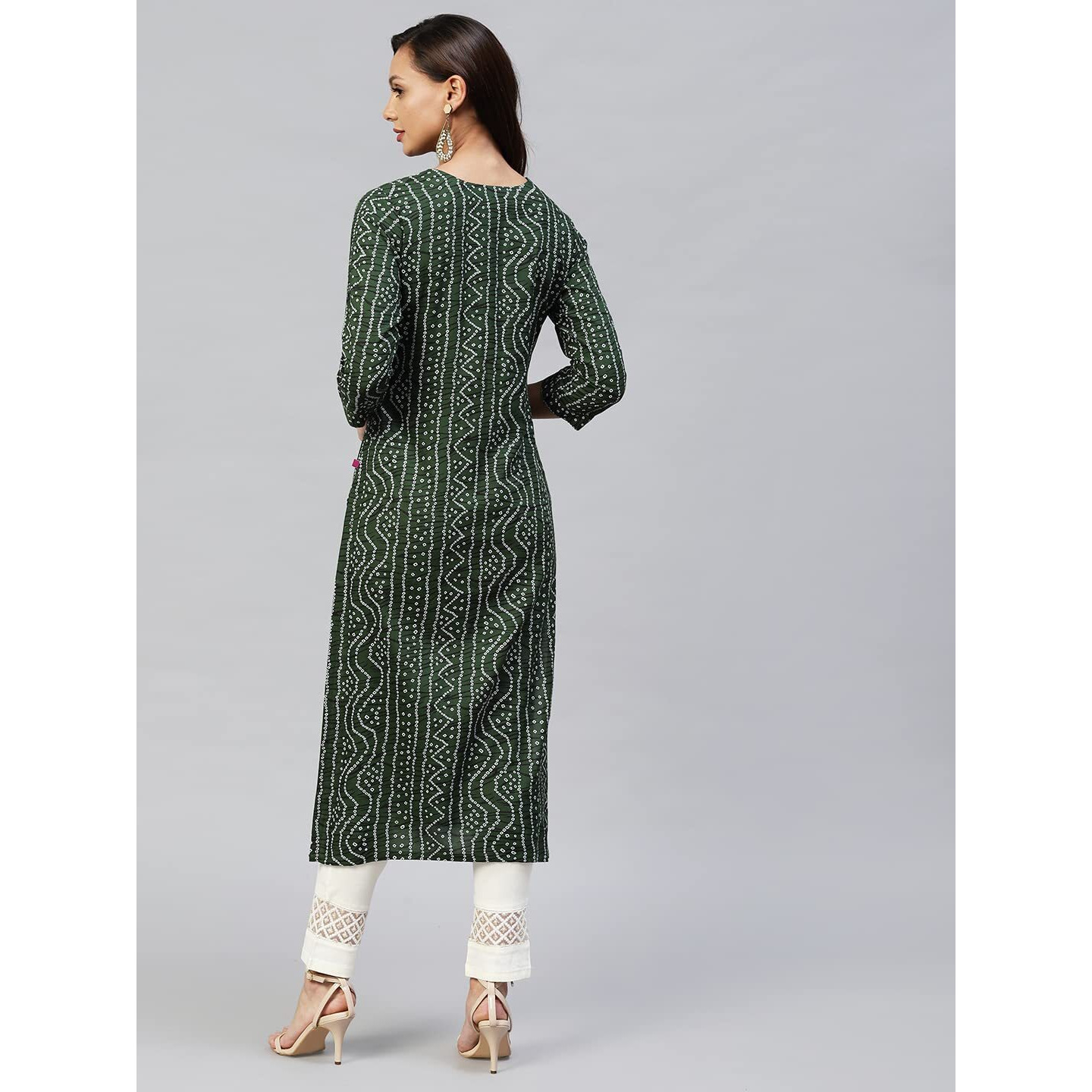 Gosriki Women's Rayon Bandhni Printed Straight Kurta (Dmd Bandhi Dark Green_S-Go_Dark Green_Small)