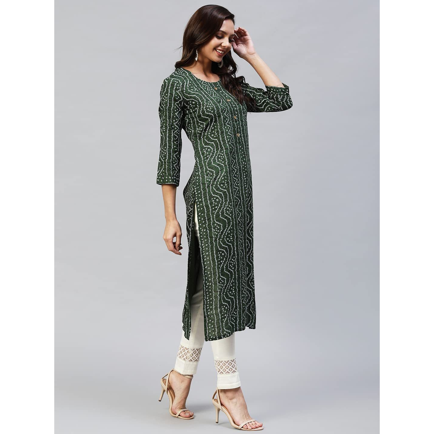 Gosriki Women's Rayon Bandhni Printed Straight Kurta (Dmd Bandhi Dark Green_S-Go_Dark Green_Small)