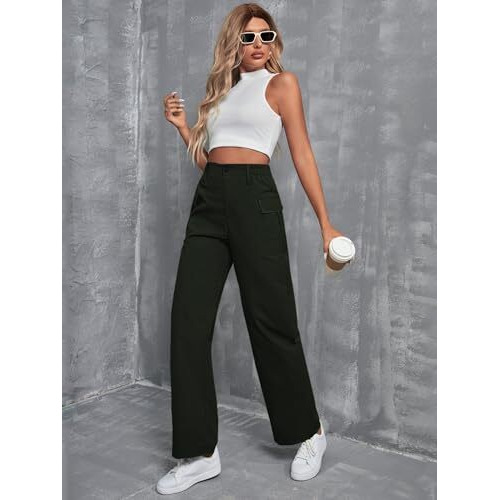 Toplot Cotton Solid Multi-Pocket Cargo Pant For Women (Wide-Leg-Cargo-5195-Green-30)