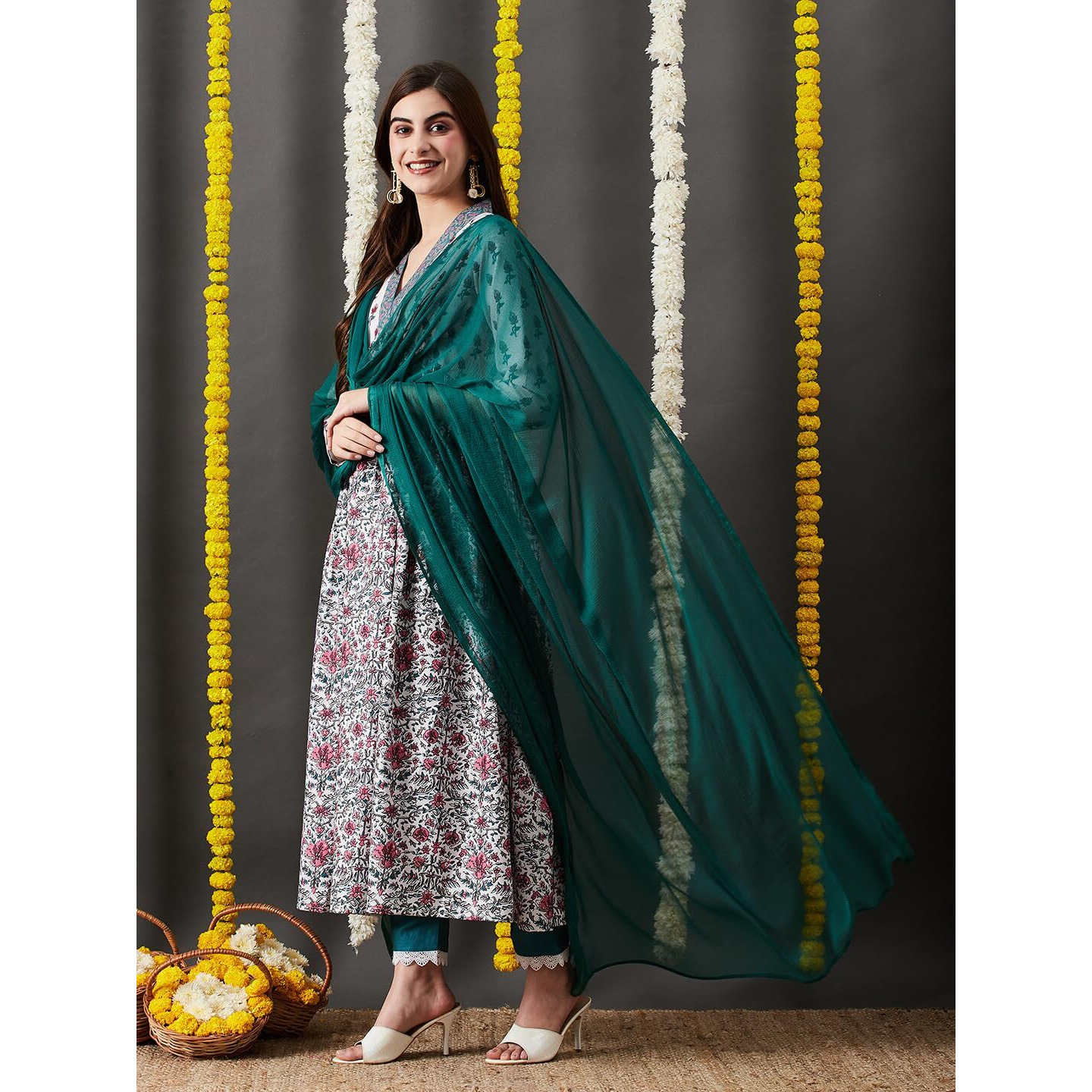Gosriki Women's Cotton Blend Anarkali Printed Kurta With Pant & Dupatta (Toki White-Gs_S_White_Small)