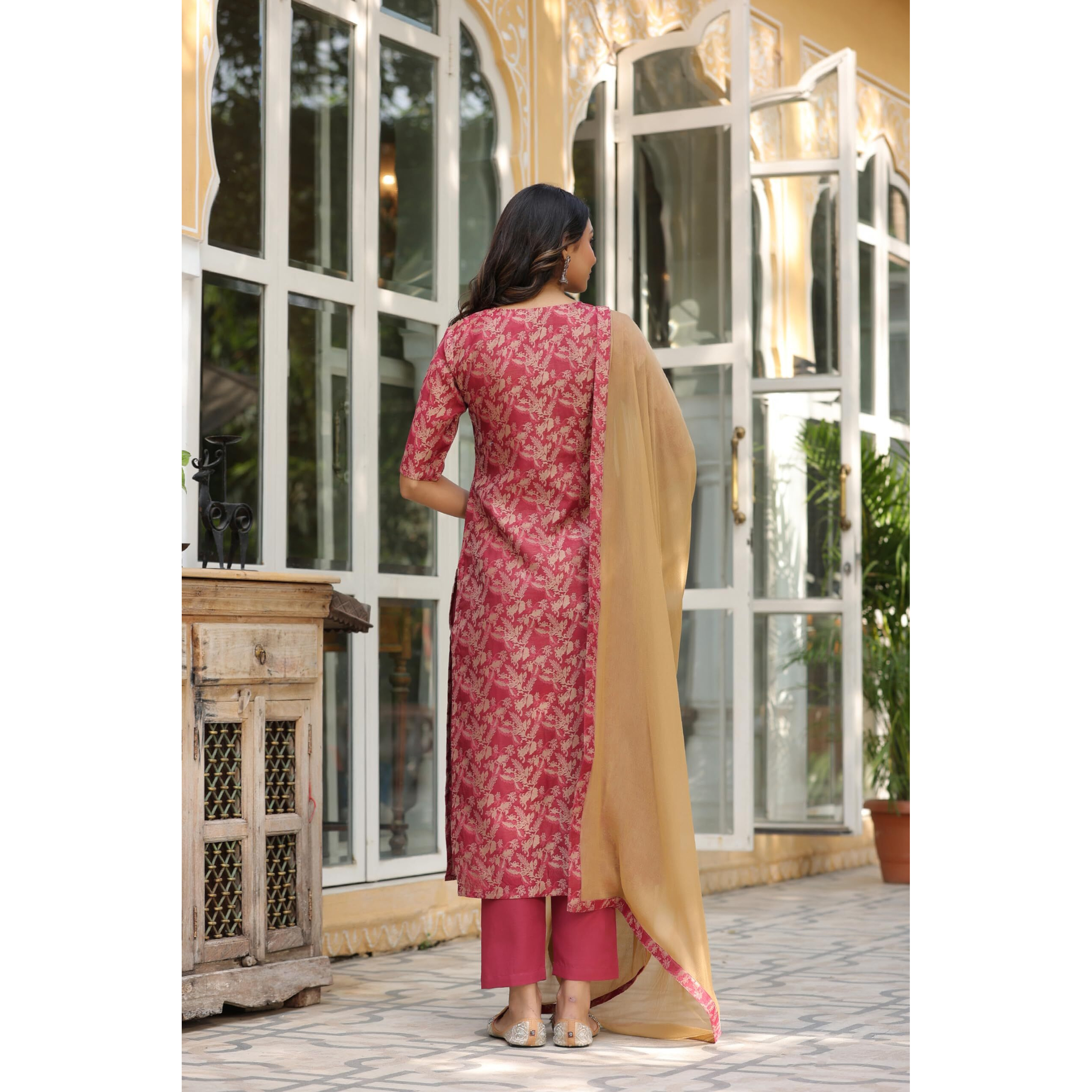 Gosriki Women's Cotton Blend Straight Printed Kurta With Pant & Dupatta (Banarsi-Red-Bfv-Gs_L_Red_Large)