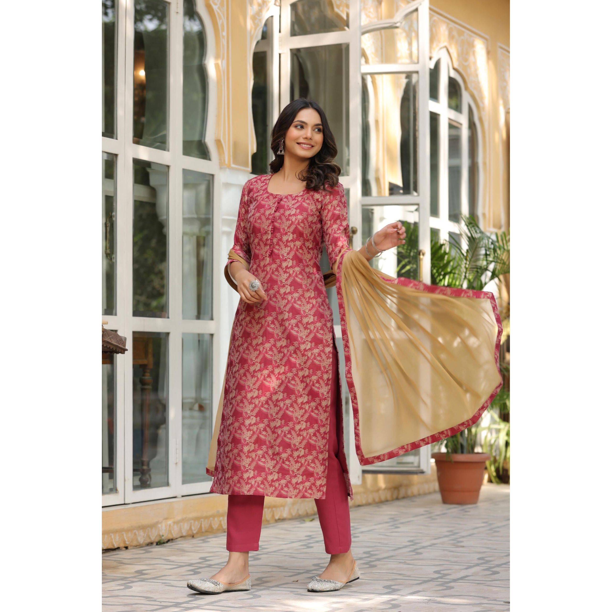 Gosriki Women's Cotton Blend Straight Printed Kurta With Pant & Dupatta (Banarsi-Red-Bfv-Gs_L_Red_Large)