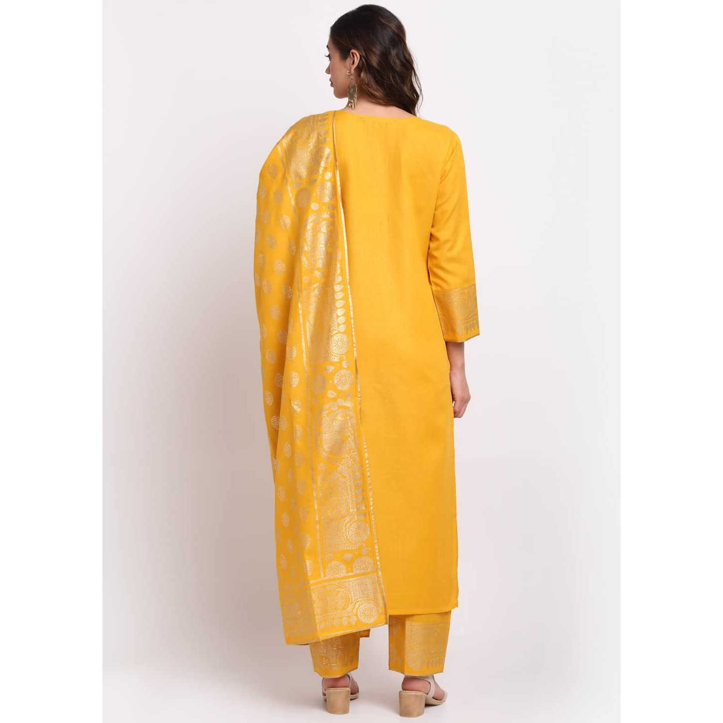Gosriki Women's Cotton Straight Kurta With Palazzo & Dupatta (Kpzd-Cot-10036-Yellow_L-Go_Yellow_Large)