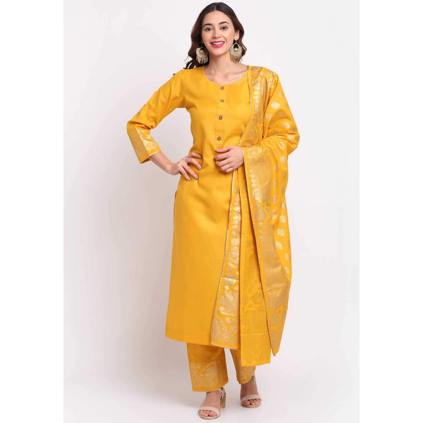 Gosriki Women's Cotton Straight Kurta With Palazzo & Dupatta (Kpzd-Cot-10036-Yellow_L-Go_Yellow_Large)