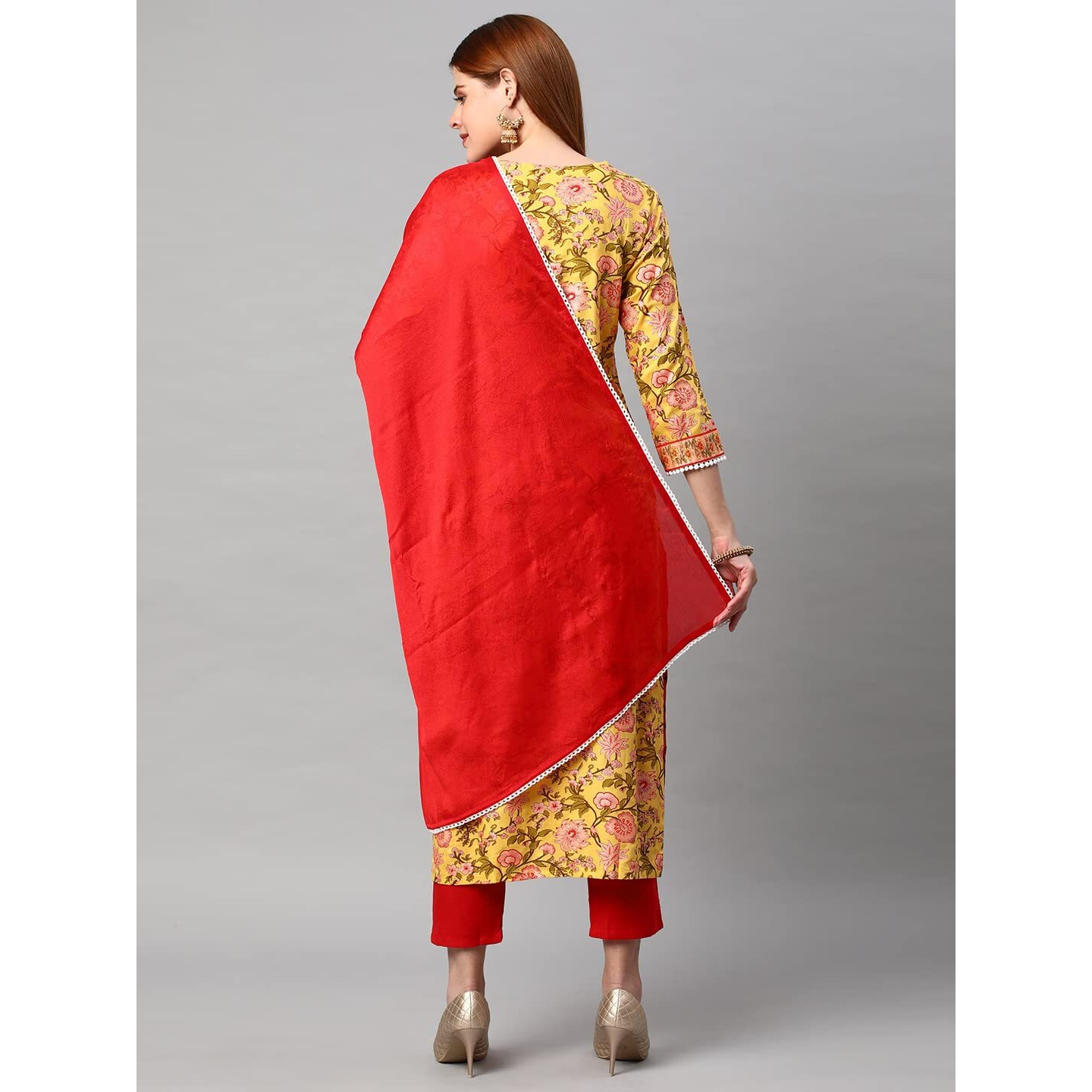 Gosriki Women's Cotton Blend Floral Printed Straight Kurta With Pant & With Dupatta (Amd 30-Yellow_S-Gs_Yellow_Small)
