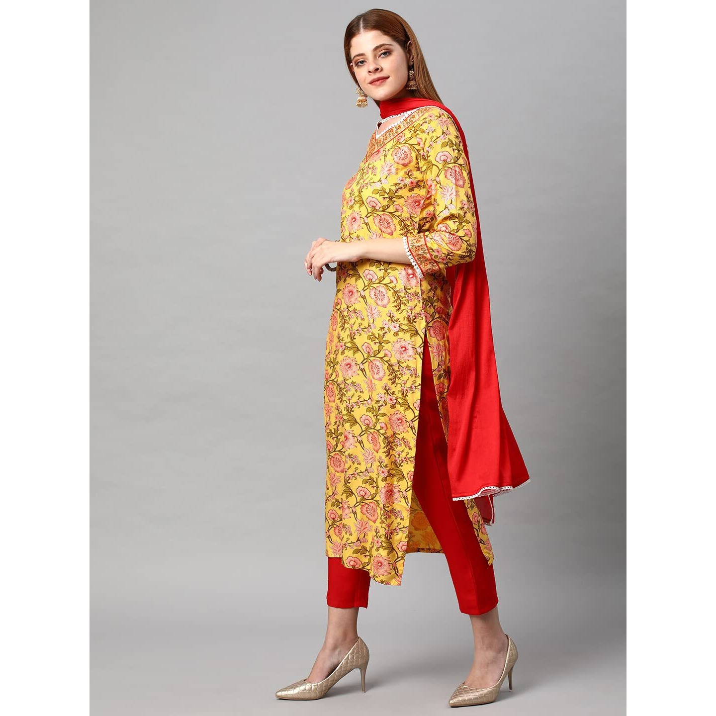 Gosriki Women's Cotton Blend Floral Printed Straight Kurta With Pant & With Dupatta (Amd 30-Yellow_S-Gs_Yellow_Small)