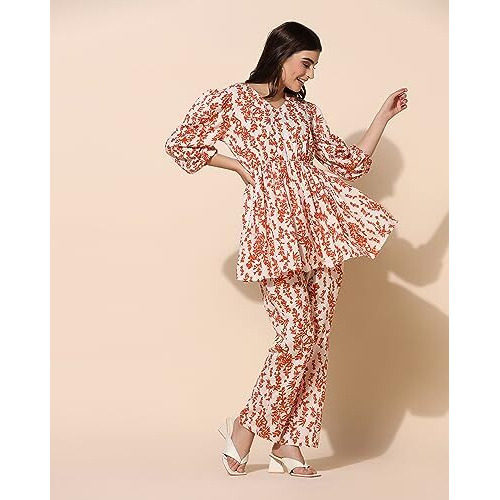 Toplot Co Ord Kurta Set For Women Printed Kurta With Pant (Tunic-Pant-5140-Orange-L)