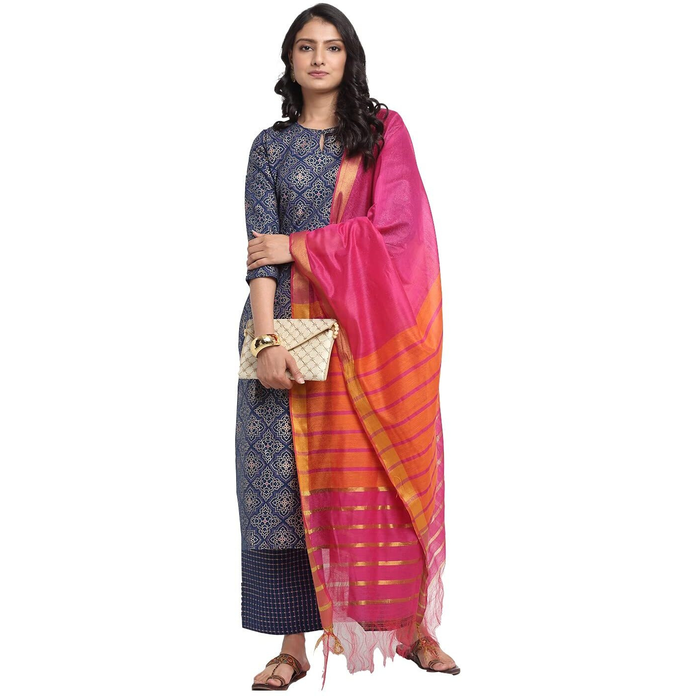 Gosriki Women's Rayon Cotton Foil Printed Straight Kurta With Palazzo & Dupatta (Kshi Blue_M_Blue_Medium)