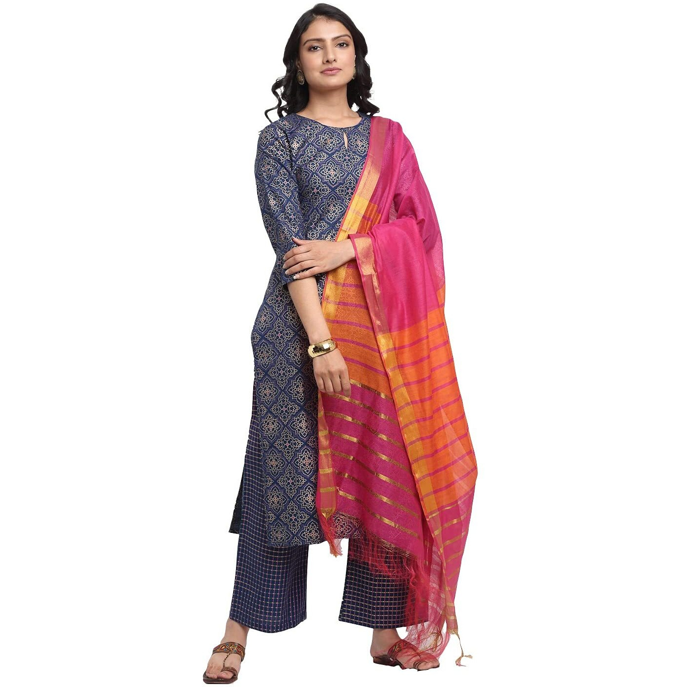 Gosriki Women's Rayon Cotton Foil Printed Straight Kurta With Palazzo & Dupatta (Kshi Blue_M_Blue_Medium)