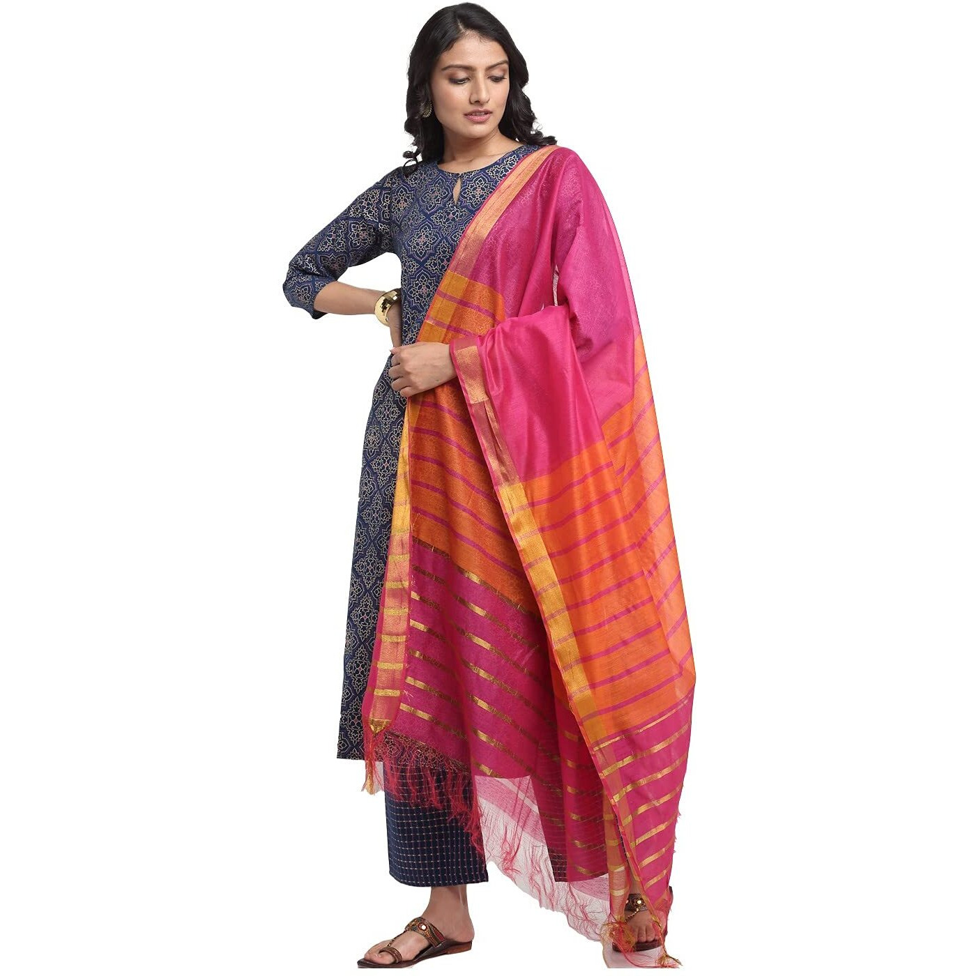 Gosriki Women's Rayon Cotton Foil Printed Straight Kurta With Palazzo & Dupatta (Kshi Blue_M_Blue_Medium)