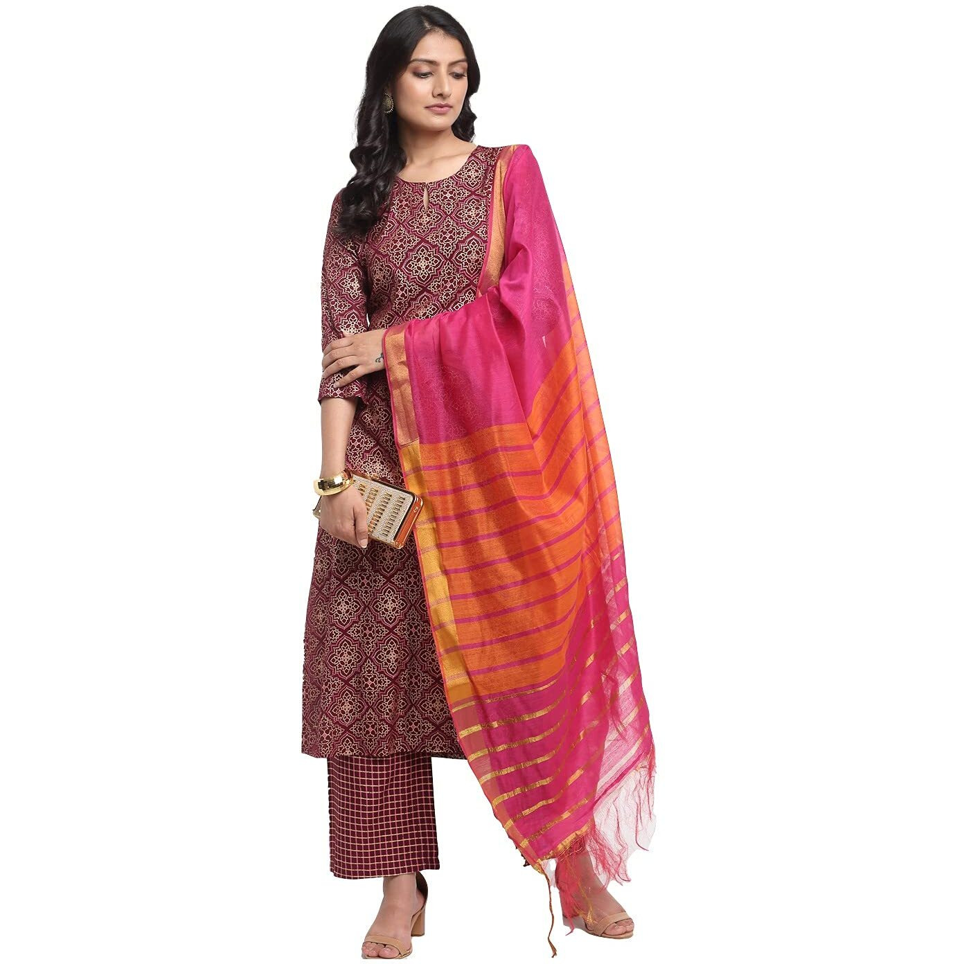 Gosriki Women's Rayon Cotton Foil Printed Straight Kurta With Palazzo & Dupatta (Kshi Brown_L_Brown_Large)