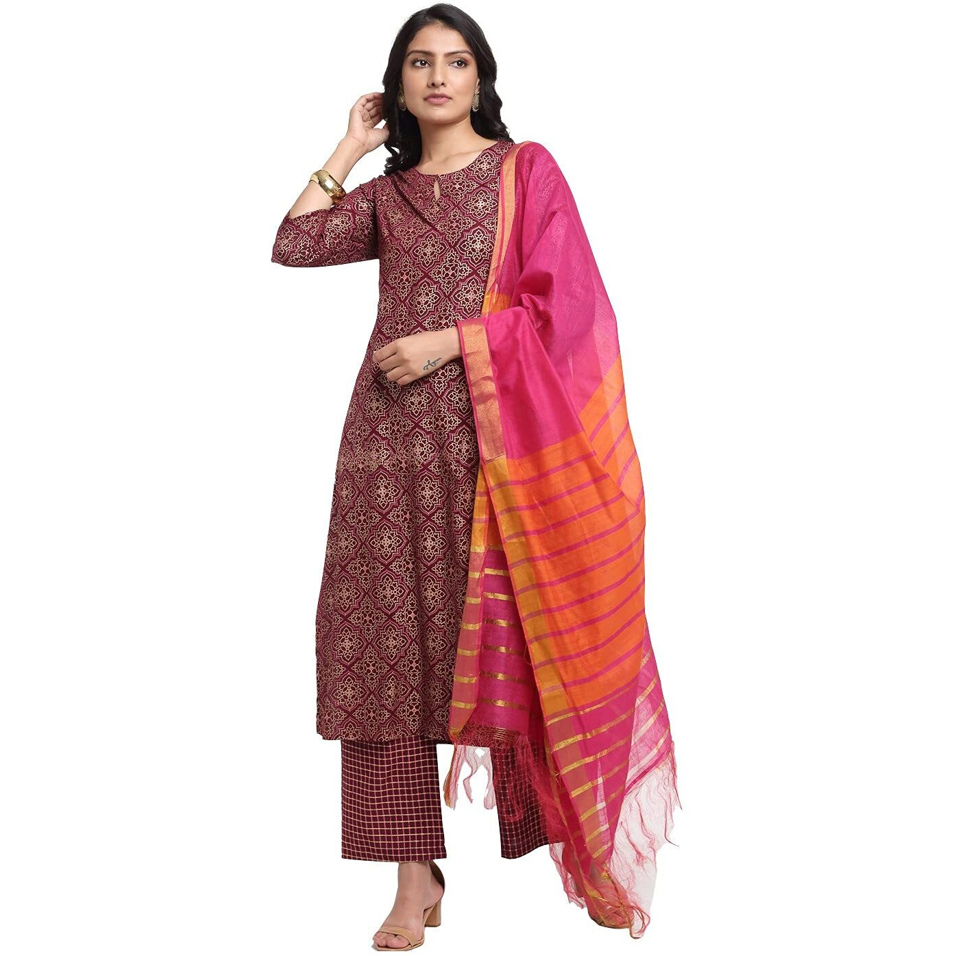 Gosriki Women's Rayon Cotton Foil Printed Straight Kurta With Palazzo & Dupatta (Kshi Brown_L_Brown_Large)