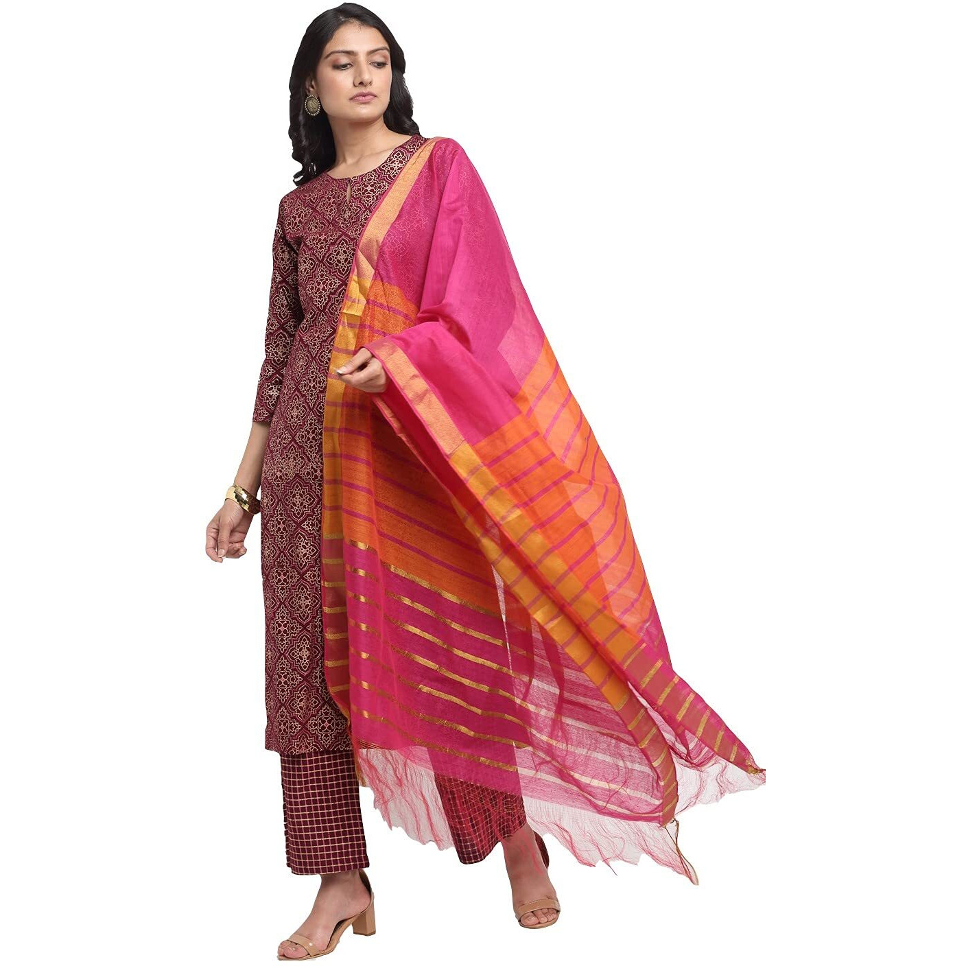 Gosriki Women's Rayon Cotton Foil Printed Straight Kurta With Palazzo & Dupatta (Kshi Brown_L_Brown_Large)