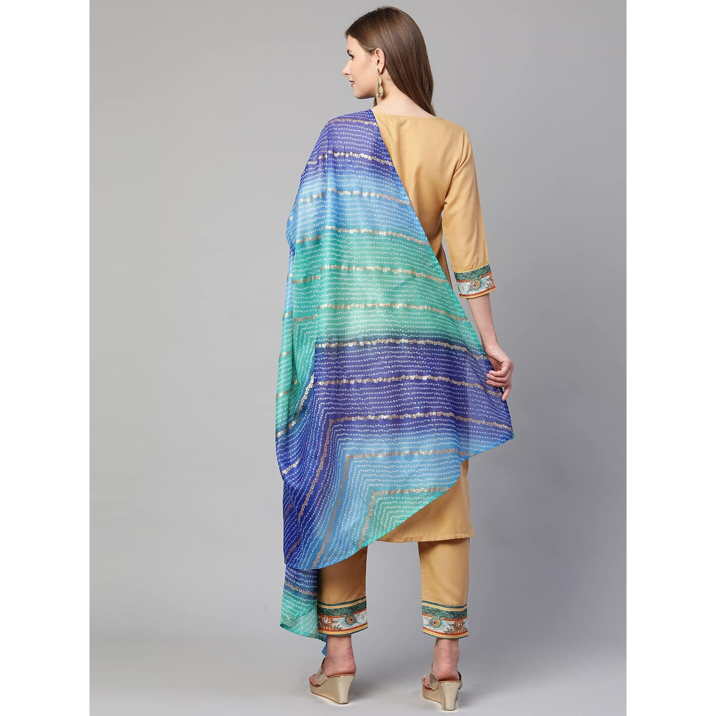 Gosriki Women's Cotton Straight Kurta With Pant & Dupatta (Kptd-Cot-10055-Beige_Xl-Go_Beige_X-Large)