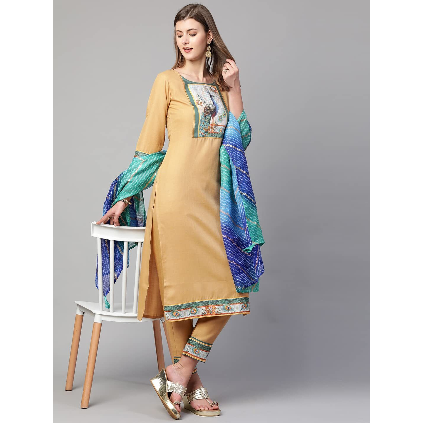 Gosriki Women's Cotton Straight Kurta With Pant & Dupatta (Kptd-Cot-10055-Beige_Xl-Go_Beige_X-Large)