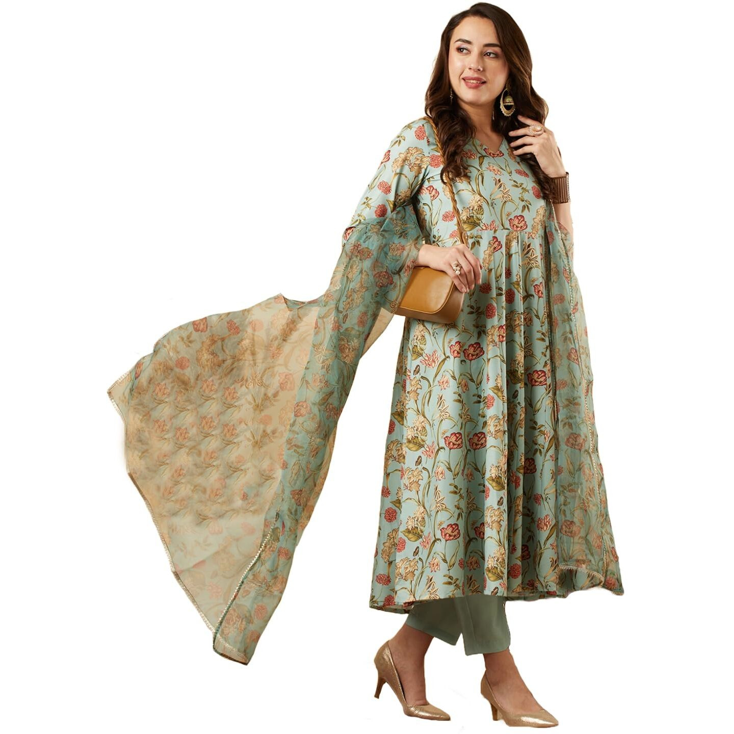 Gosriki Women's Cotton Blend Anarkali Printed Kurta With Pant & Dupatta (Meets-Green-Gs_S_Green_Small)