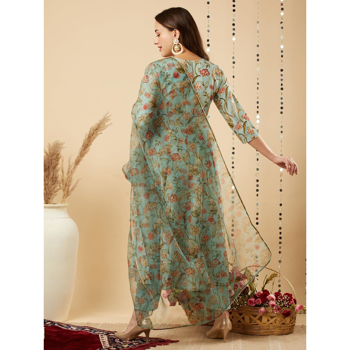 Gosriki Women's Cotton Blend Anarkali Printed Kurta With Pant & Dupatta (Meets-Green-Gs_S_Green_Small)