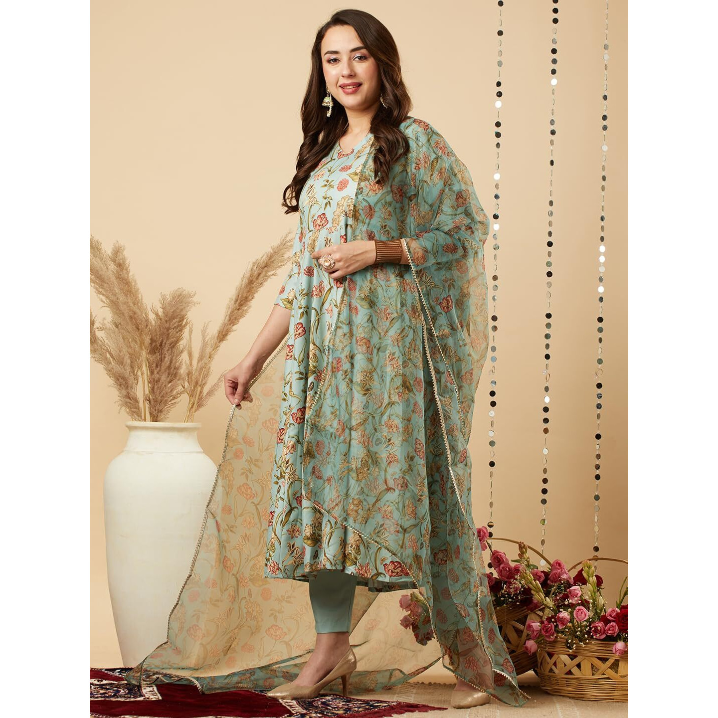 Gosriki Women's Cotton Blend Anarkali Printed Kurta With Pant & Dupatta (Meets-Green-Gs_S_Green_Small)