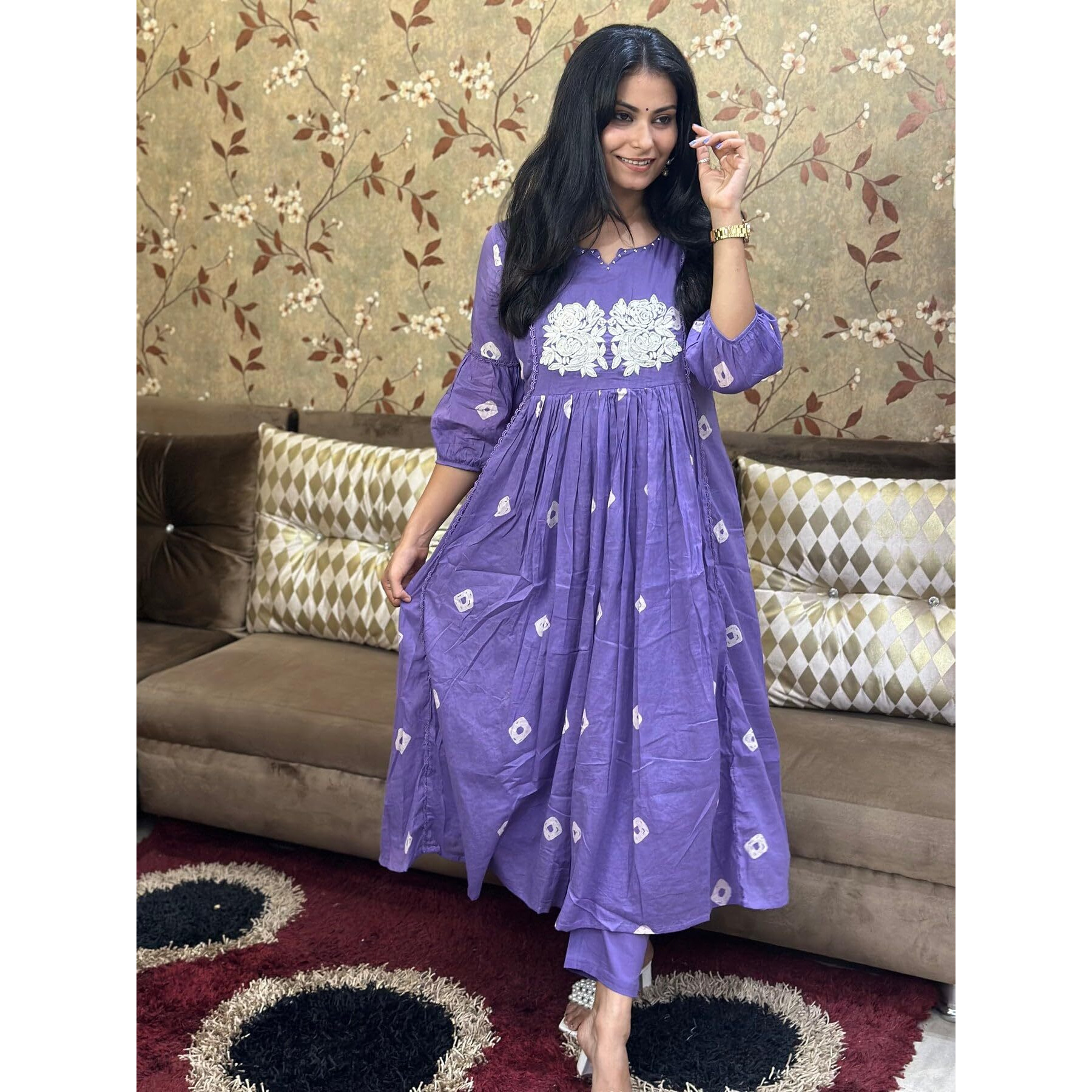 Gosriki Women's Rayon Blend Anarkali Printed Kurta With Pant (Anveshi Purple-Vks01-Gs_M_Purple_Medium)