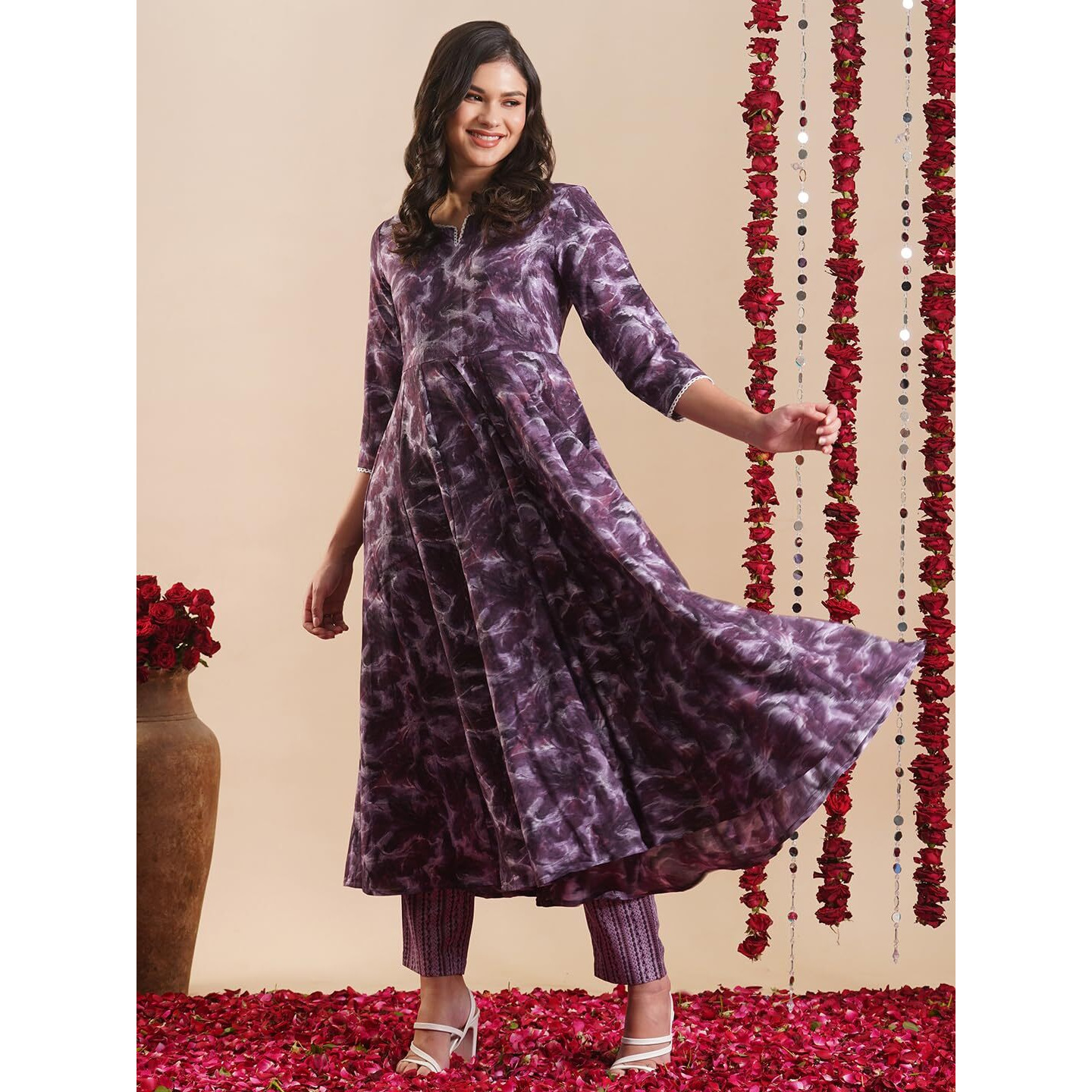 Gosriki Women's Rayon Blend Anarkali Printed Kurta With Pant (Sipradh Purple-Vks01-Gs_S_Purple_Small)